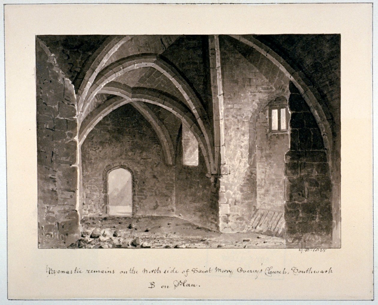 Pozostałości klasztorne po północnej stronie kościoła St Mary Overy, Southwark, Londyn, 1835. autorstwa G Buckler
