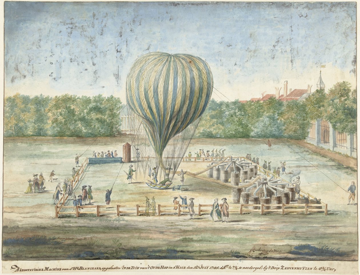 Wystrzelenie balonu Blancharda w Hadze w 1785 r autorstwa G. Carbentus (signed by artist)