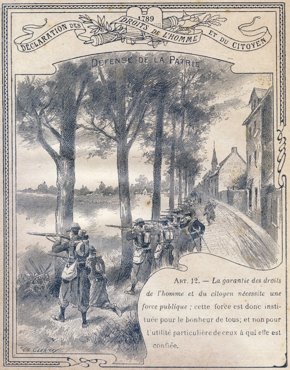 1789: Deklaracja praw człowieka i obywatela: Obrona ojczyzny. Grawer w „Wyjątkowej księdze etyki i wychowania obywatelskiego, przeznaczonej dla uczniów trzech klas Szkoły Podstawowej oraz klas podstawowych Liceów i Uczelni, D autorstwa G. Dascher
