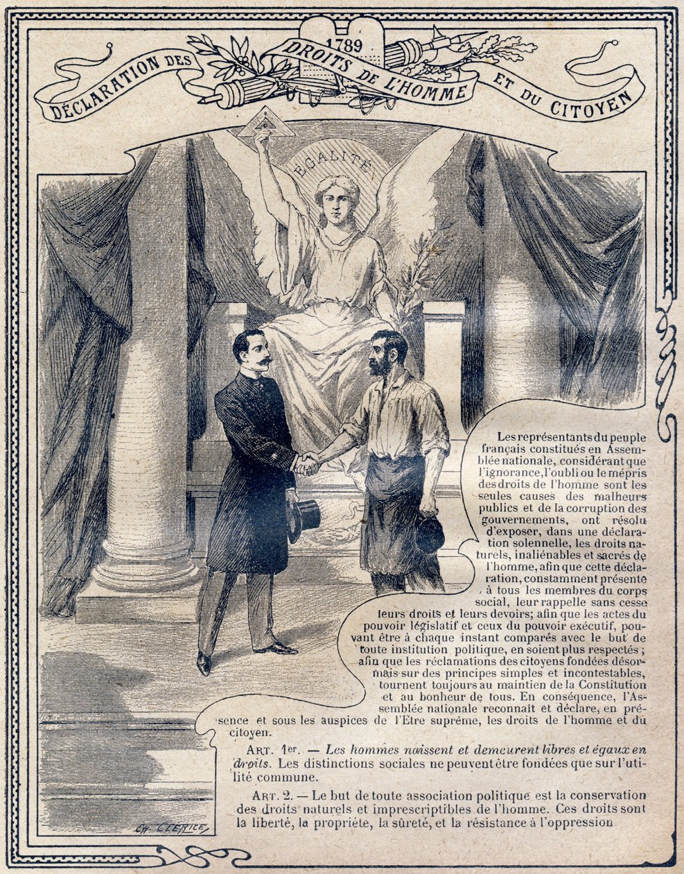 1789: Deklaracja Praw Człowieka i Obywatela: Równość. Grawer „Jeden księga obyczajów i wychowania obywatelskiego, przeznaczona dla uczniów trzech klas Szkoły Podstawowej oraz klas podstawowych liceów i kolegiów, par. autorstwa G. Dascher