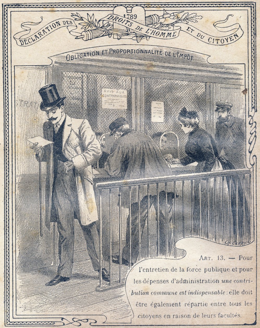 1789: Deklaracja praw człowieka i obywatela: Obowiązek i proporcjonalność podatku. Grawiura w „Unikalnej księdze etyki i edukacji obywatelskiej, przeznaczonej dla uczniów trzech klas szkoły podstawowej i klas podstawowych autorstwa G. Dascher