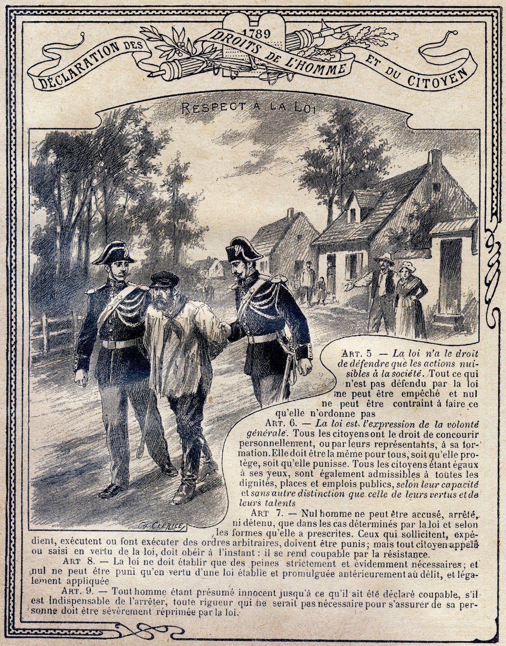 1789: Deklaracja praw człowieka i obywatela : Szacunek dla prawa . Rycina w "Le livre unique de morale et d