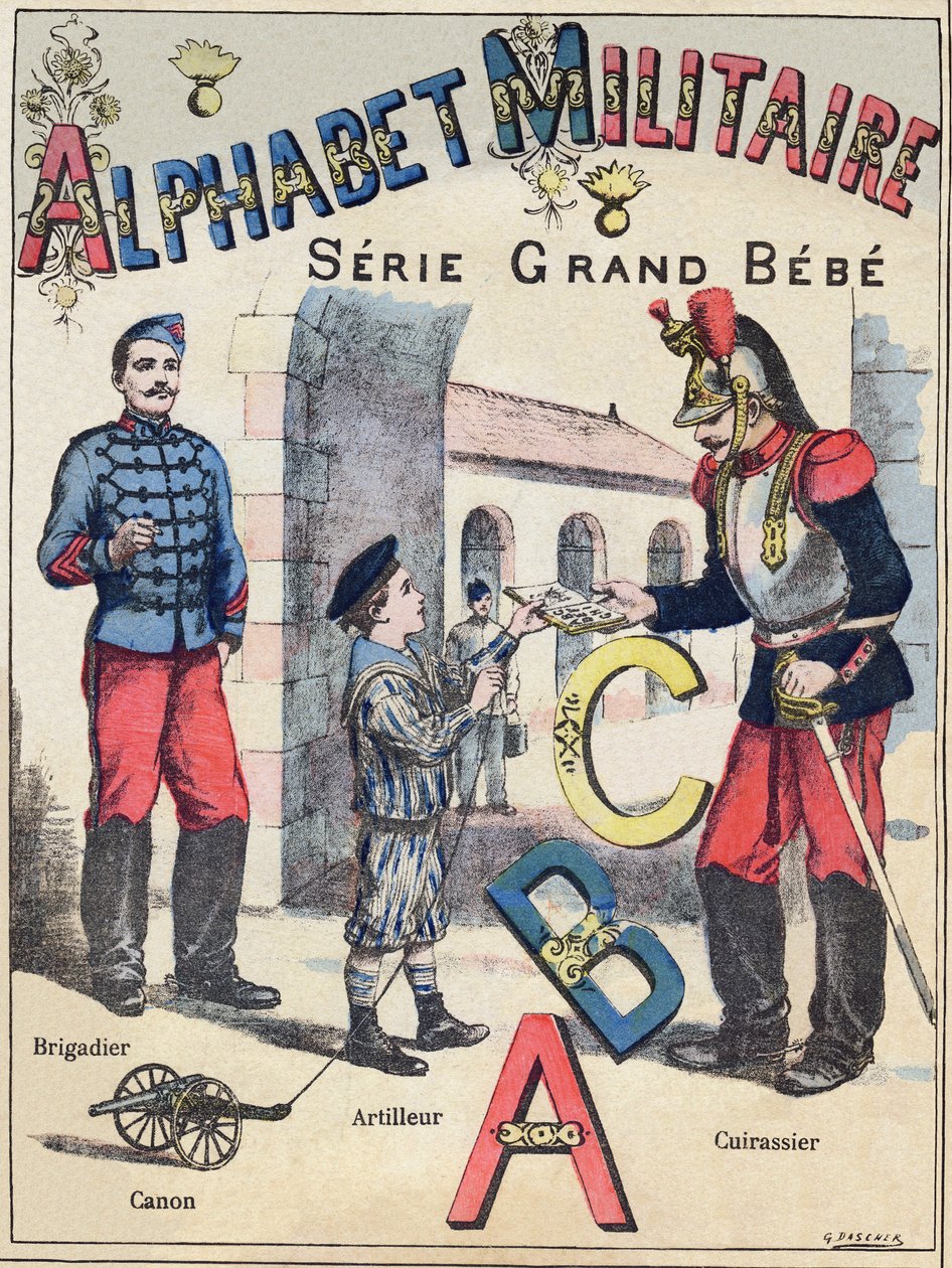 Okładka "Alfabetu wojskowego", seria Grand-Bebe. Grawerowanie. Obrazowanie Pont-a-Mousson. Louis Vagne, drukarz-wydawca, około 1900. Ilustracje G. Dascher. 20 stron. Wymiary: 31,5x24,5cm. autorstwa G. Dascher