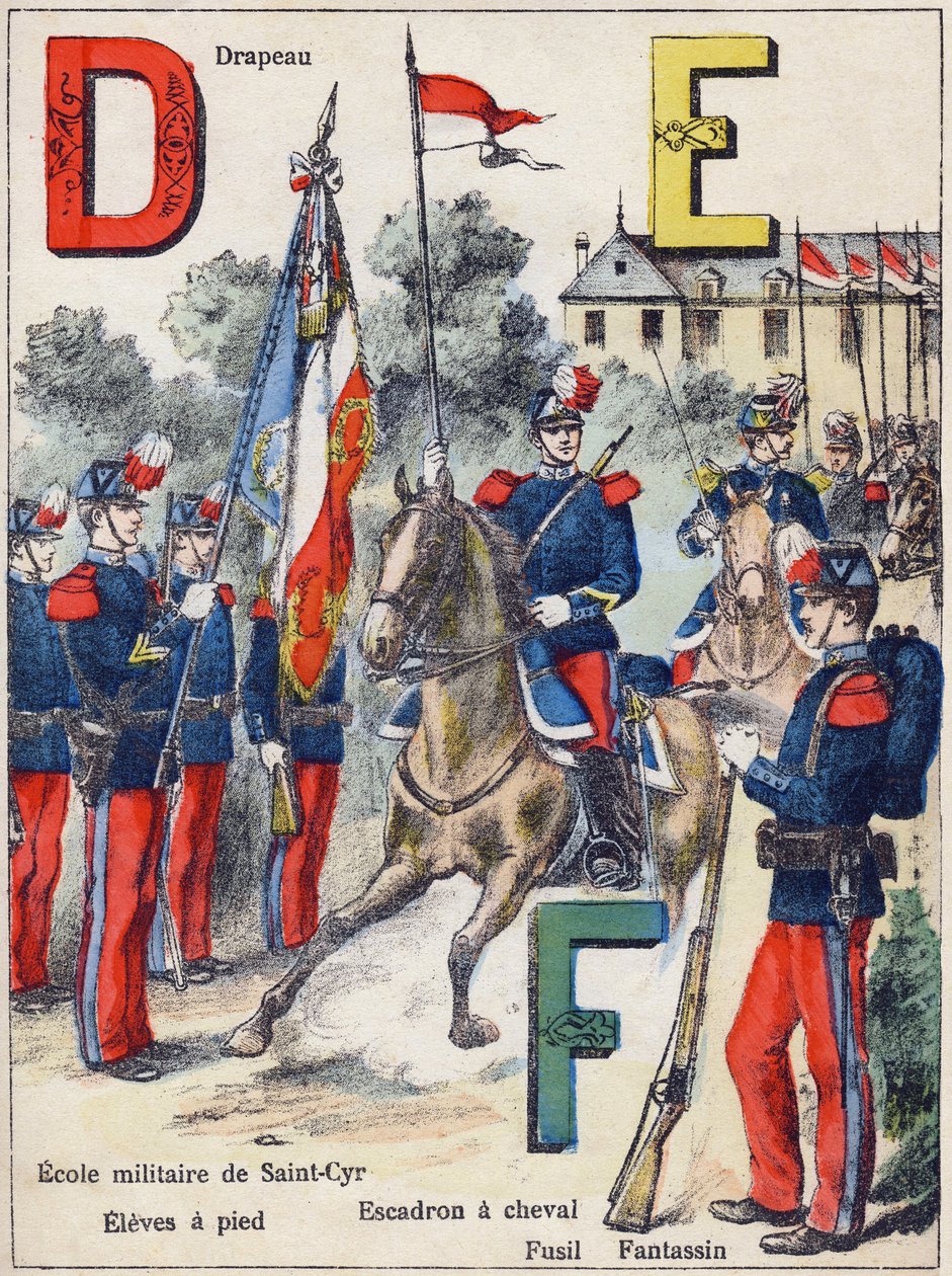 Litery D E F: Flaga, Szkoła Wojskowa Saint-Cyr (Saint Cyr), Elele pieszo, Eskadra Konna, Karabin i Fantazja, ok. 1900 (litografia) autorstwa G. Dascher