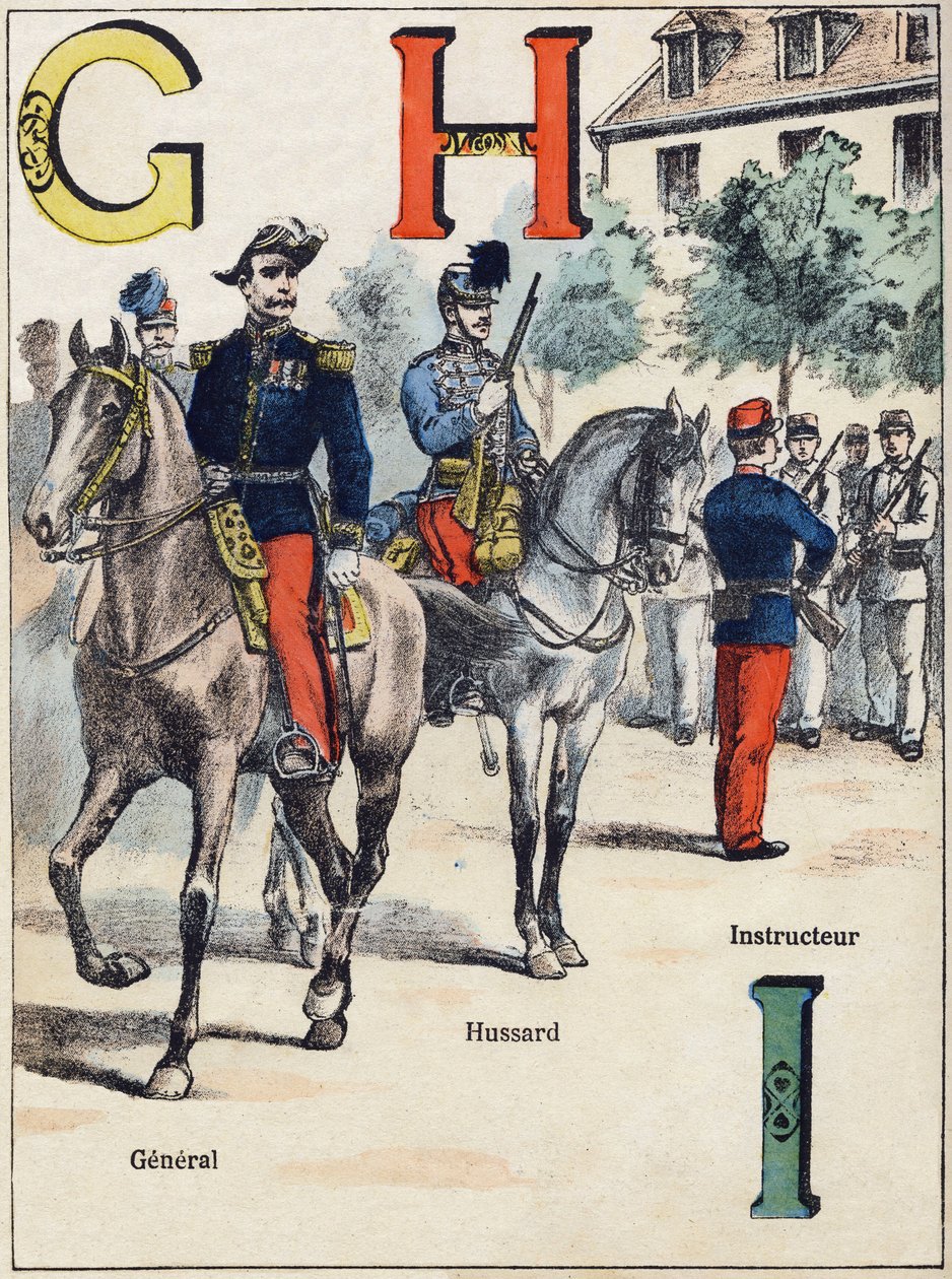 Litery G H I: Generał, Hussard i Instruktor. Grawer w "Alfabet militaire" z serii Grand-Bebe. Rytownictwo. Obrazowanie Pont-a-Mousson. Louis Vagne, drukarz-wydawca, ok. 1900. Ilustracje G. Dascher. 20 stron. Wymiary: 31,5x24,5cm autorstwa G. Dascher