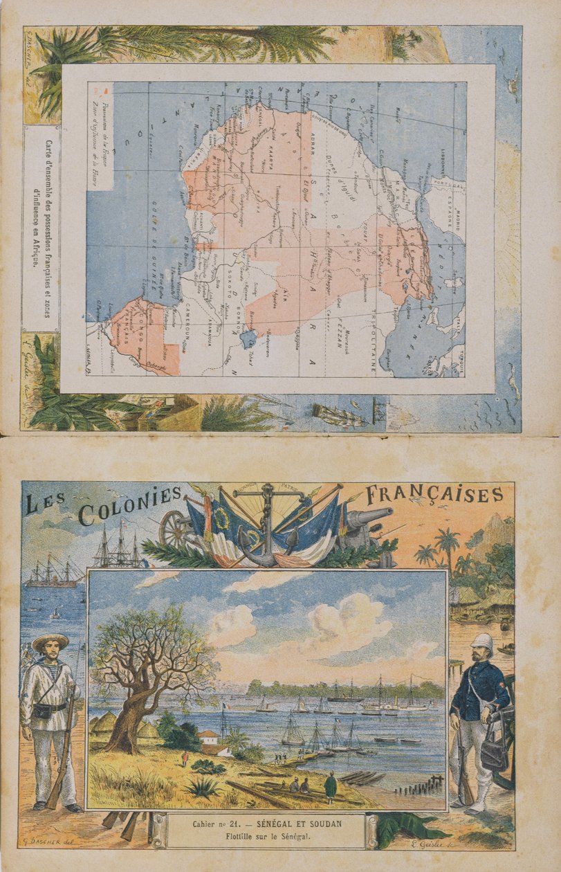 Mapa posiadłości francuskich i stref wpływów w Afryce oraz widok rzeki Senegal, okładka zeszytu szkolnego, koniec XIX w. (kolorowe grawerowanie) autorstwa G. Dascher