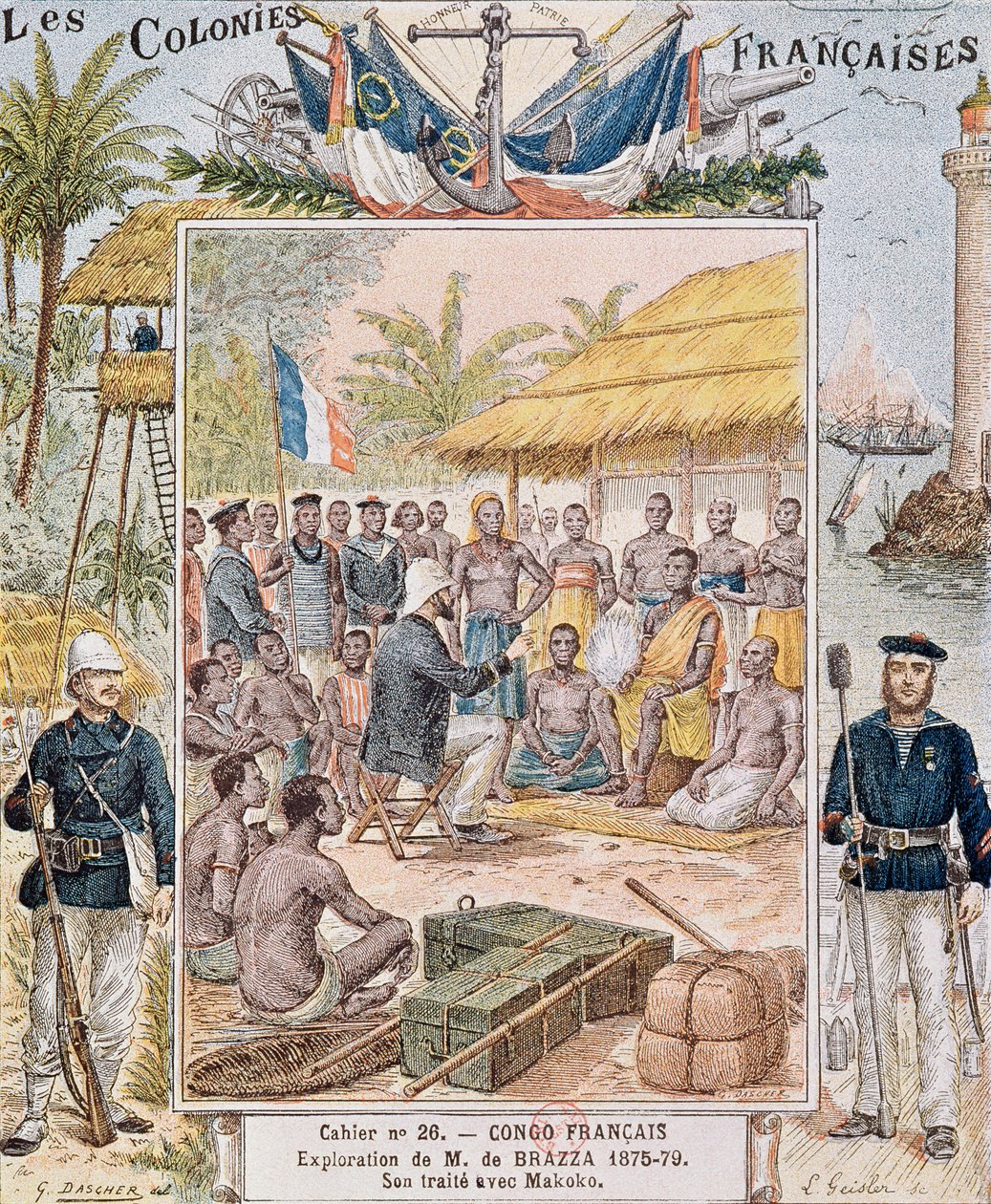 Eksploracja pana de Brazza (1875-79) Jego traktat z Makoko, ilustracja z „Les Colonies Francaises” autorstwa G. Dascher