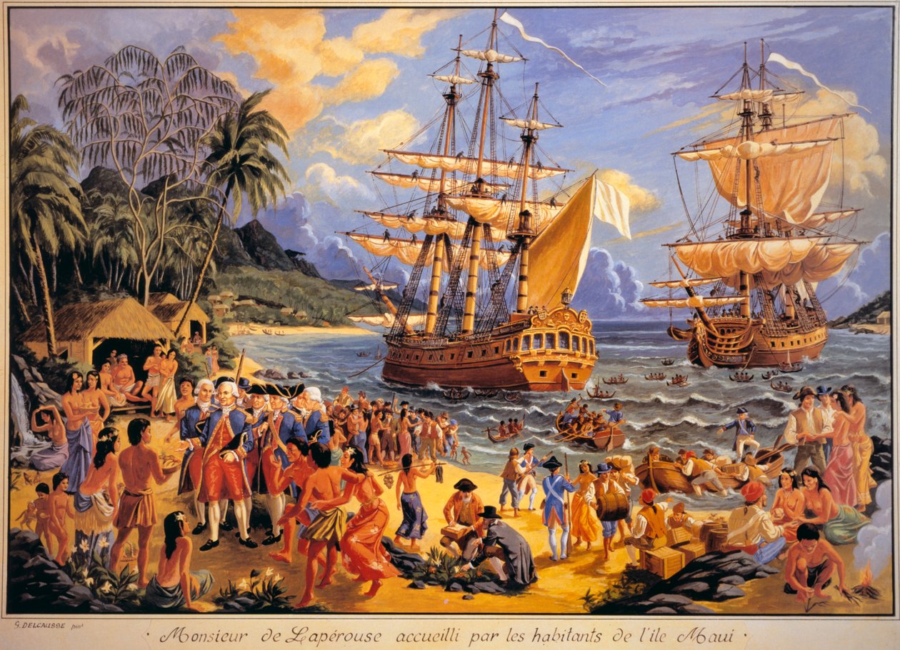 Jean Francois Galaup de Laperouse witany przez mieszkańców wyspy Mawee na wyspach Sandwich na Oceanie Spokojnym (kolor litho) autorstwa G. Delcausse