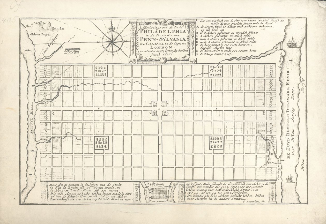 Pierwszy plan dla Filadelfii, opracowany przez Williama Penna i Thomasa Holme w 1682, 1684 autorstwa G. Drogenham