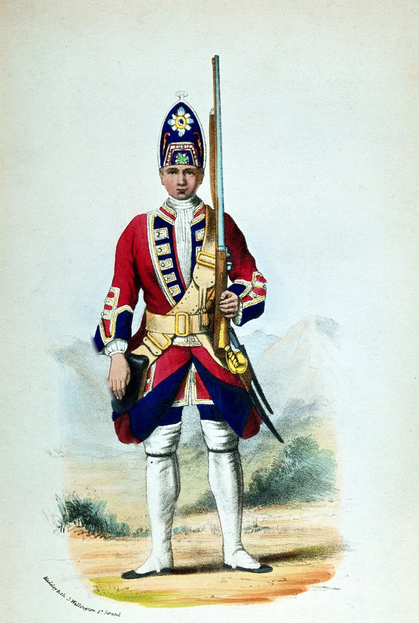 Szeregowy w Królewskich Fizylierach Północnej Wielkiej Brytanii w 1742 r., dla kart wojskowych armat autorstwa G. E. Madeley