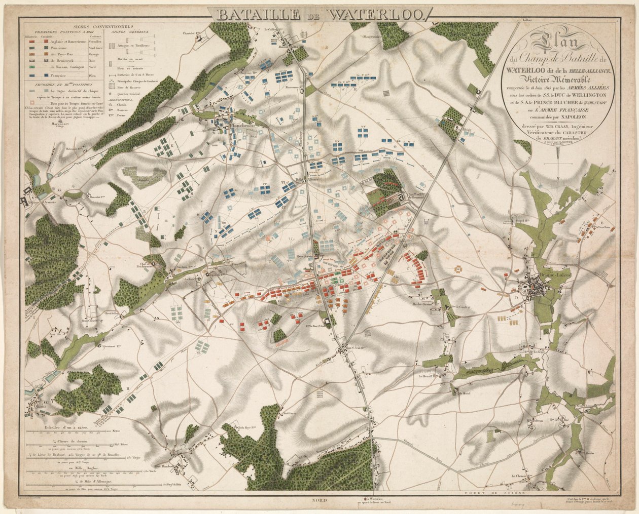 Kaart van de Slag bij Waterloo, 1815 Bitwa pod Waterloo / Plan bitwy pod Waterloo o nazwie Belle-Alliance. Pamiętne zwycięstwo odniesione 18 czerwca 1815 r. przez wojska alianckie (...) (tytuł na obiekcie) autorstwa G. Jacowick
