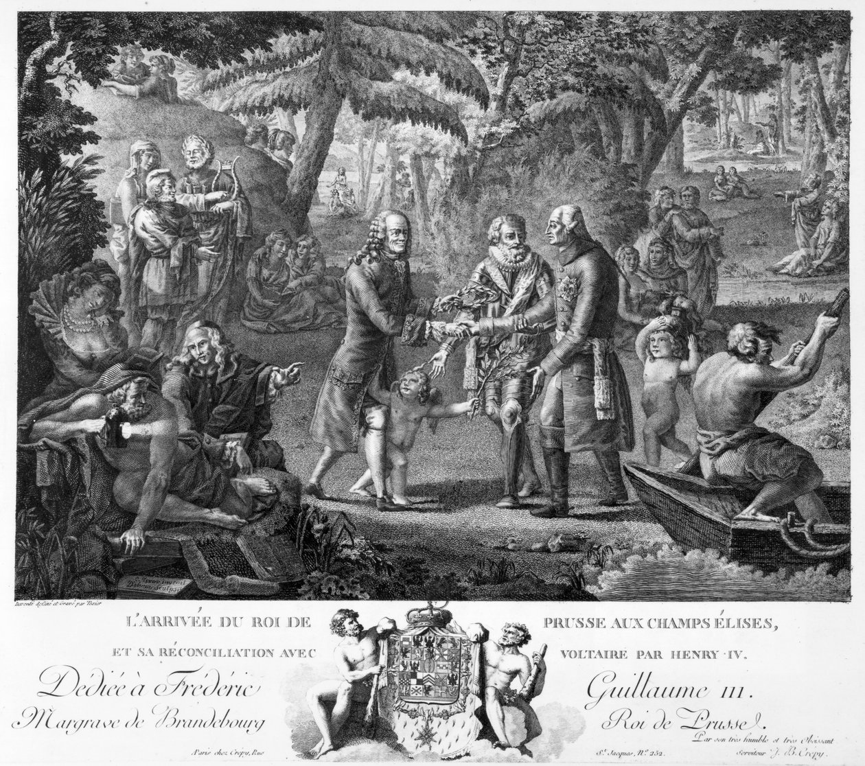 Henryk IV (1553-1610) godzący Fryderyka Wilhelma II (1744-97) i Woltera (1694-1778) na Polach Elizejskich, 2. poł. XVIII w. autorstwa G. Texier