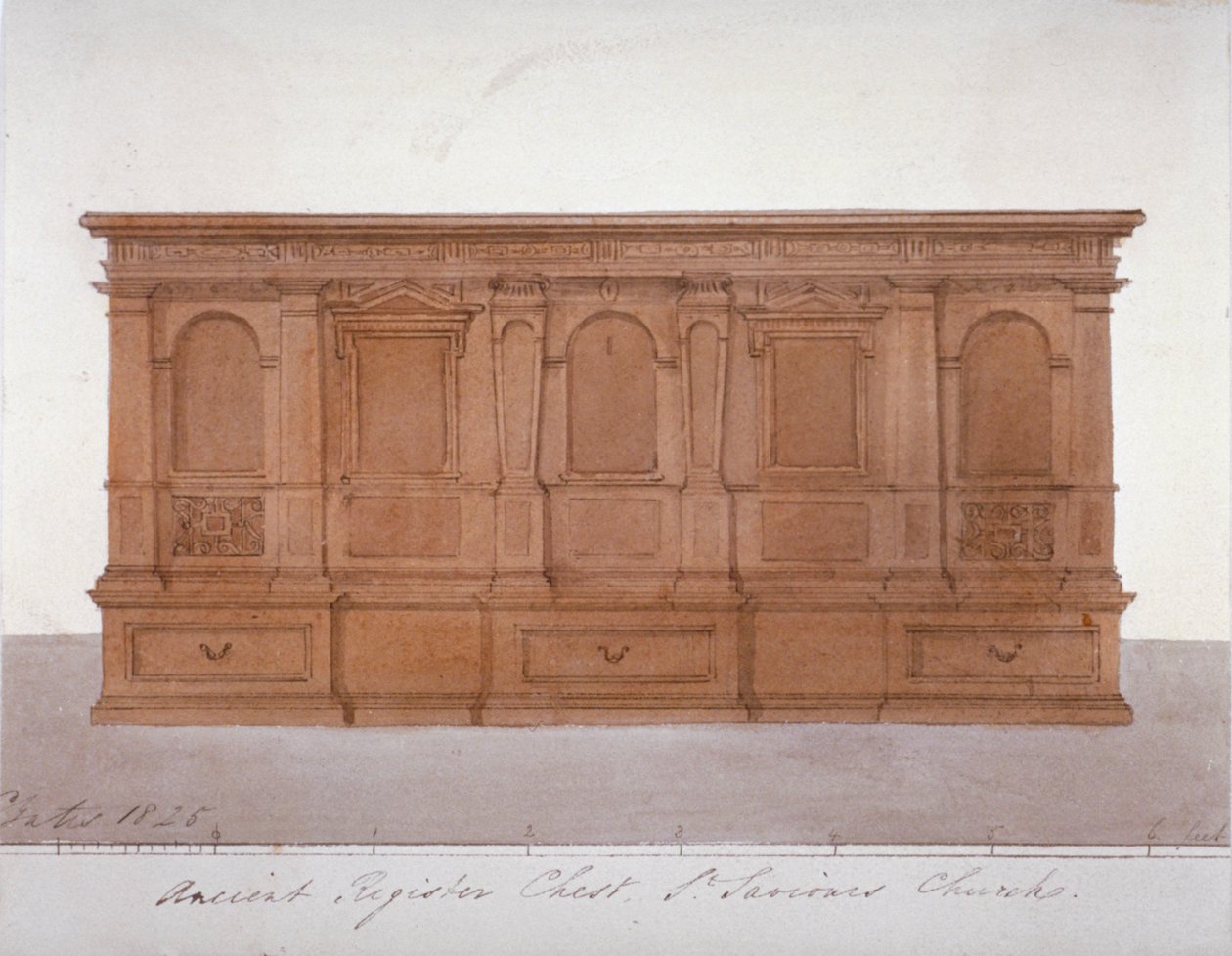 Starożytna skrzynia rejestrowa z katedry w Southwark, Londyn, 1825 r autorstwa G Yates