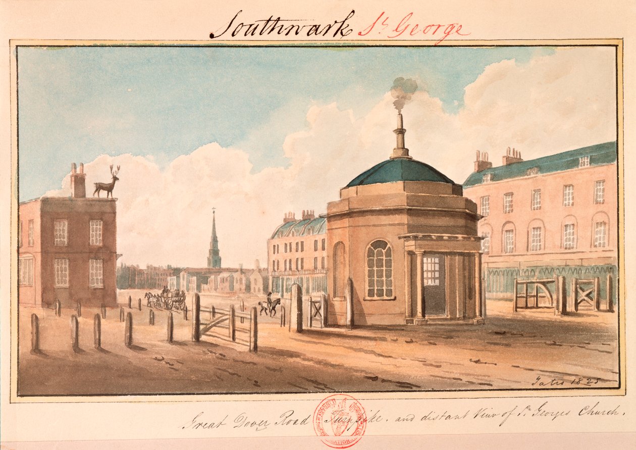 „Great Dover Road Turnpike i daleki widok na kościół św. Jerzego”, Southwark, Londyn, 1825 autorstwa G Yates