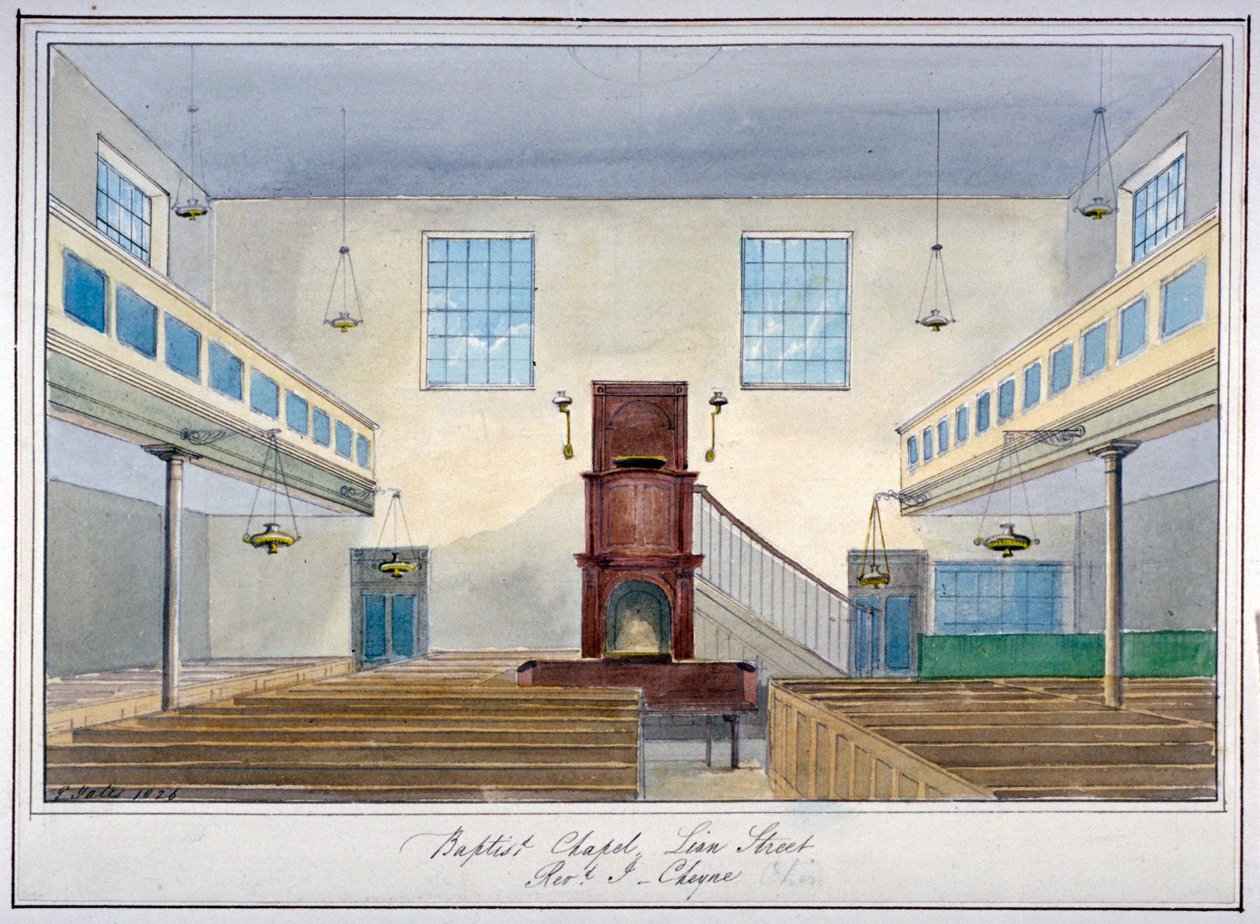 Widok wnętrza kaplicy baptystów przy Lion Street, przy New Kent Road, Southwark, Londyn, 1826 r. autorstwa G Yates