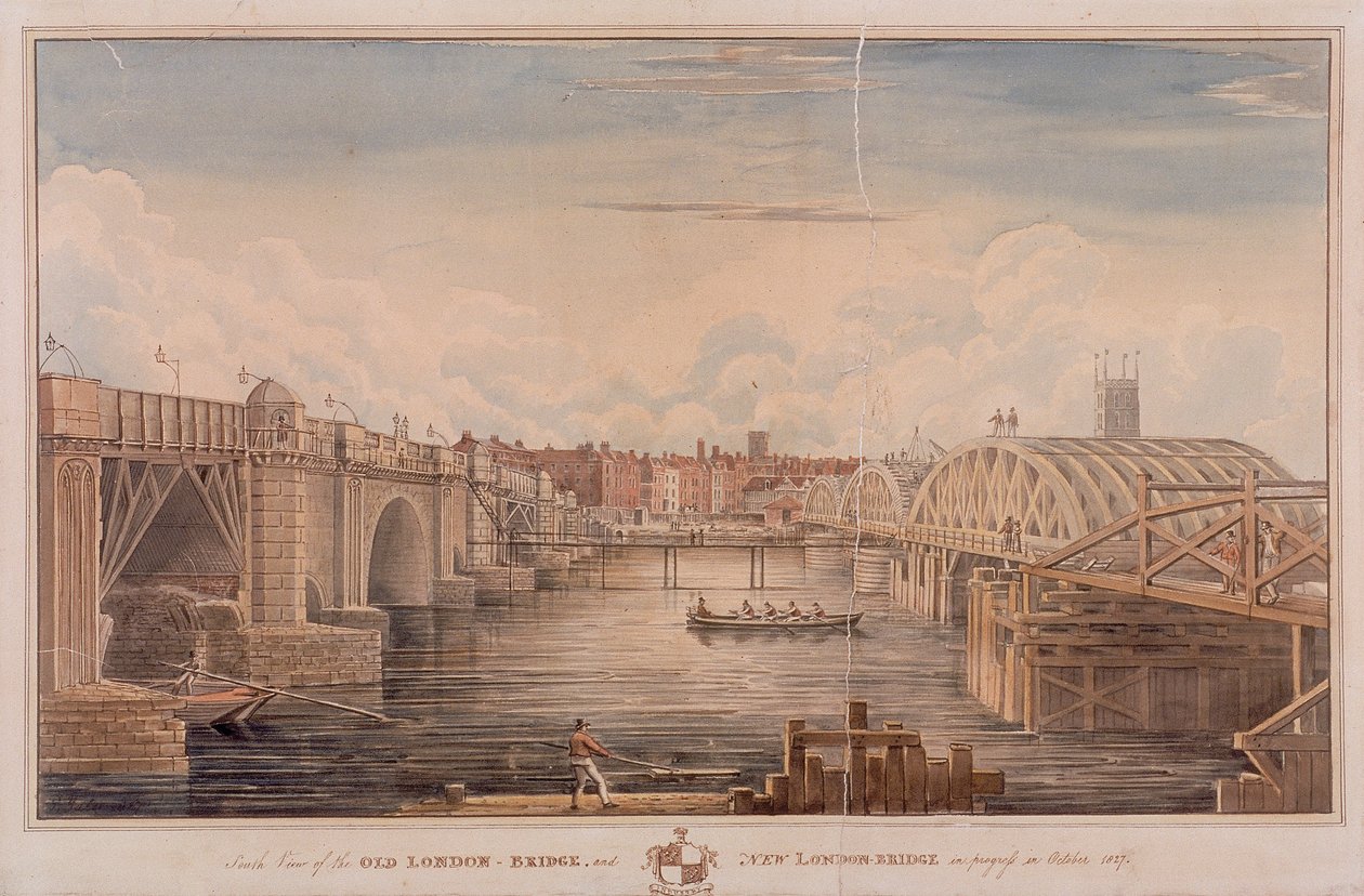 London Bridge stary i nowy, Londyn, 1827 autorstwa G Yates