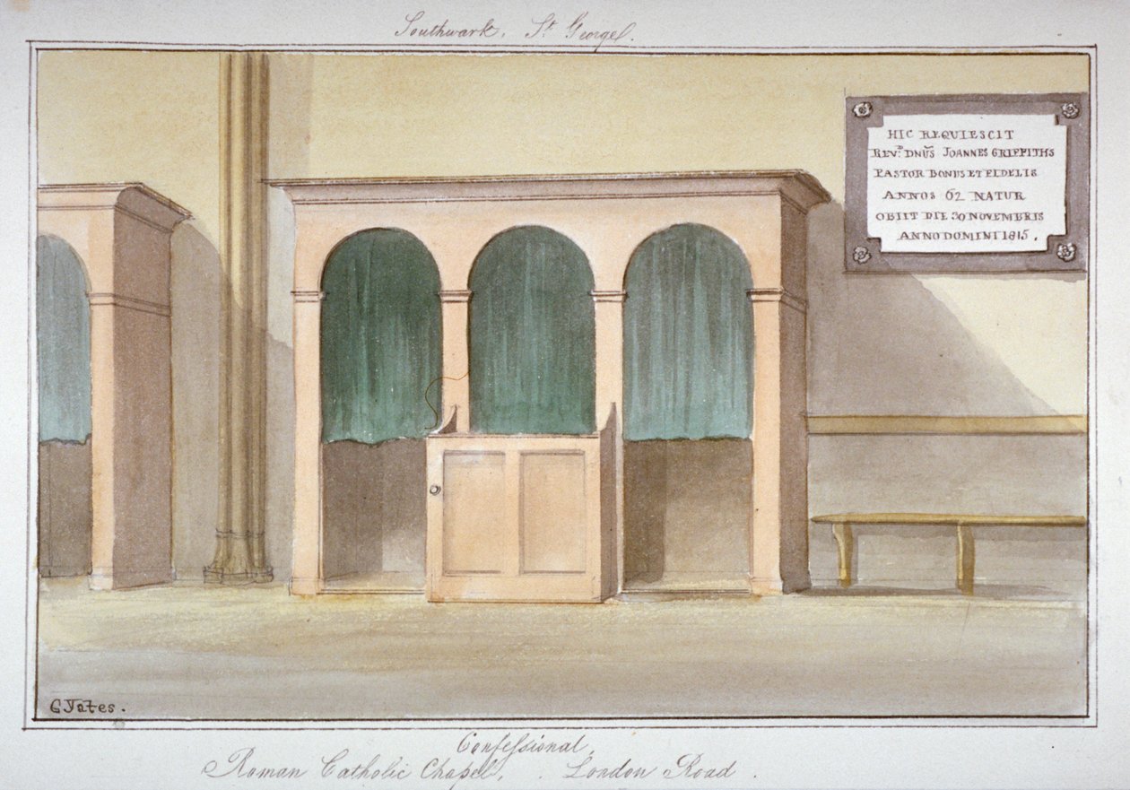 Konfesjonał w rzymskokatolickiej kaplicy przy London Road, Southwark, Londyn, 1825 autorstwa G Yates
