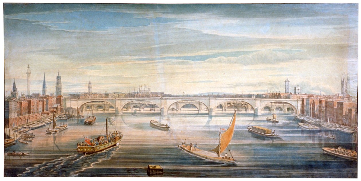Widok na nowy London Bridge od zachodu, z łodziami i barkami na Tamizie, 1831. autorstwa G Yates