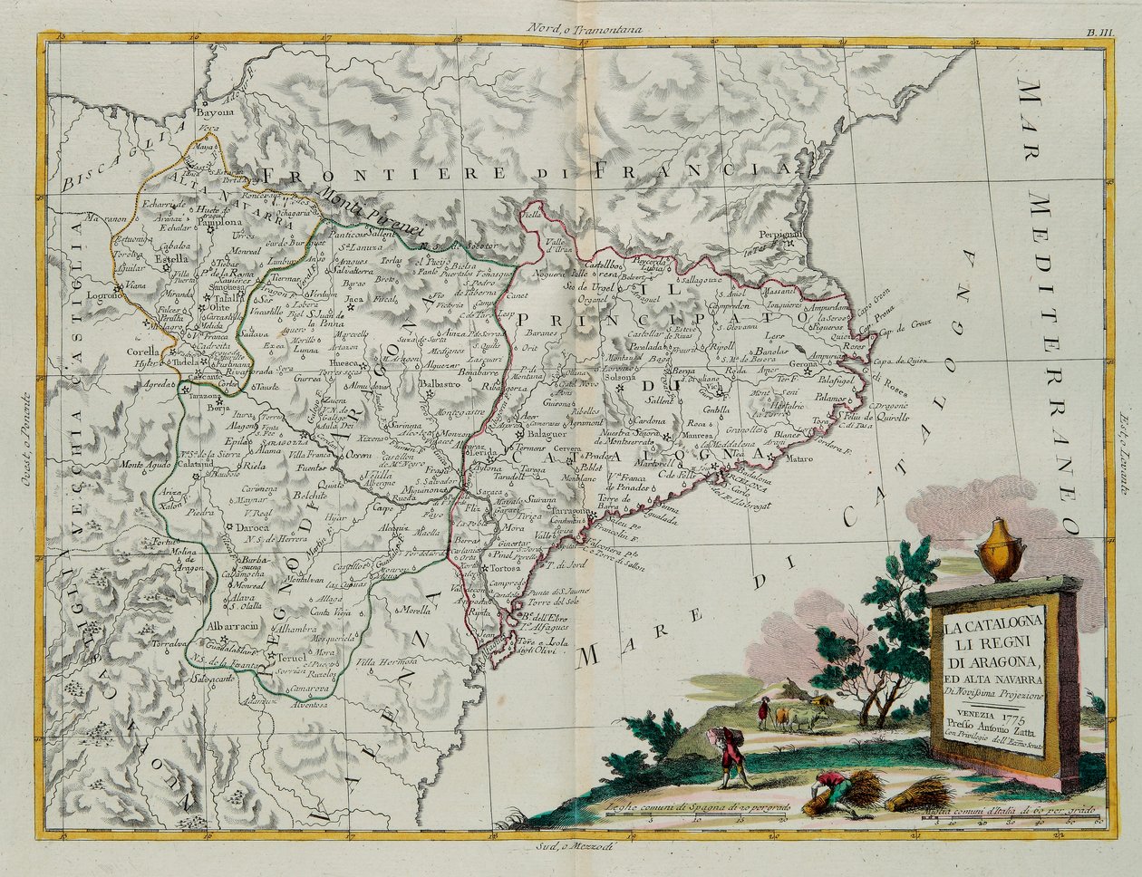 Catalonia, the Kingdoms of Aragon and Alta Navarra, rycina G. Zulianiego zaczerpnięta z Tomu I najnowszego Atlasu wydanego w Wenecji w 1775 roku przez Antonio Zattę, kolekcja prywatna autorstwa G. Zuliani