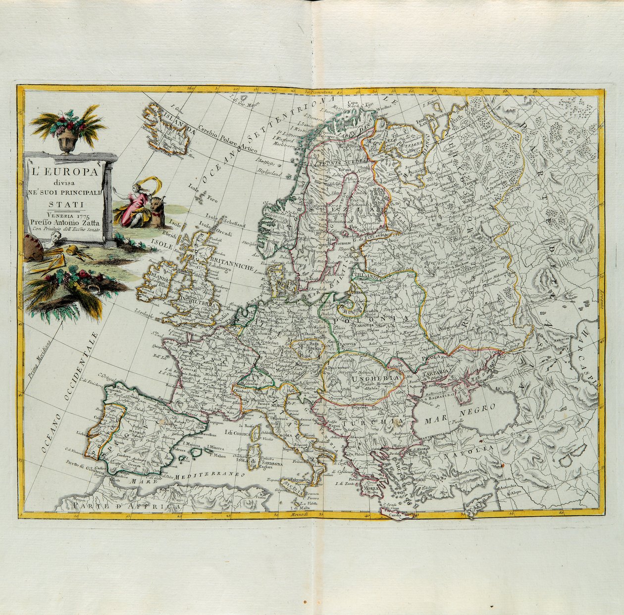 Europa podzielona na główne państwa, rycina G. Zulianiego zaczerpnięta z Tomu I najnowszego Atlasu wydanego w Wenecji w 1776 r. przez Antonio Zattę, Kolekcja prywatna autorstwa G. Zuliani