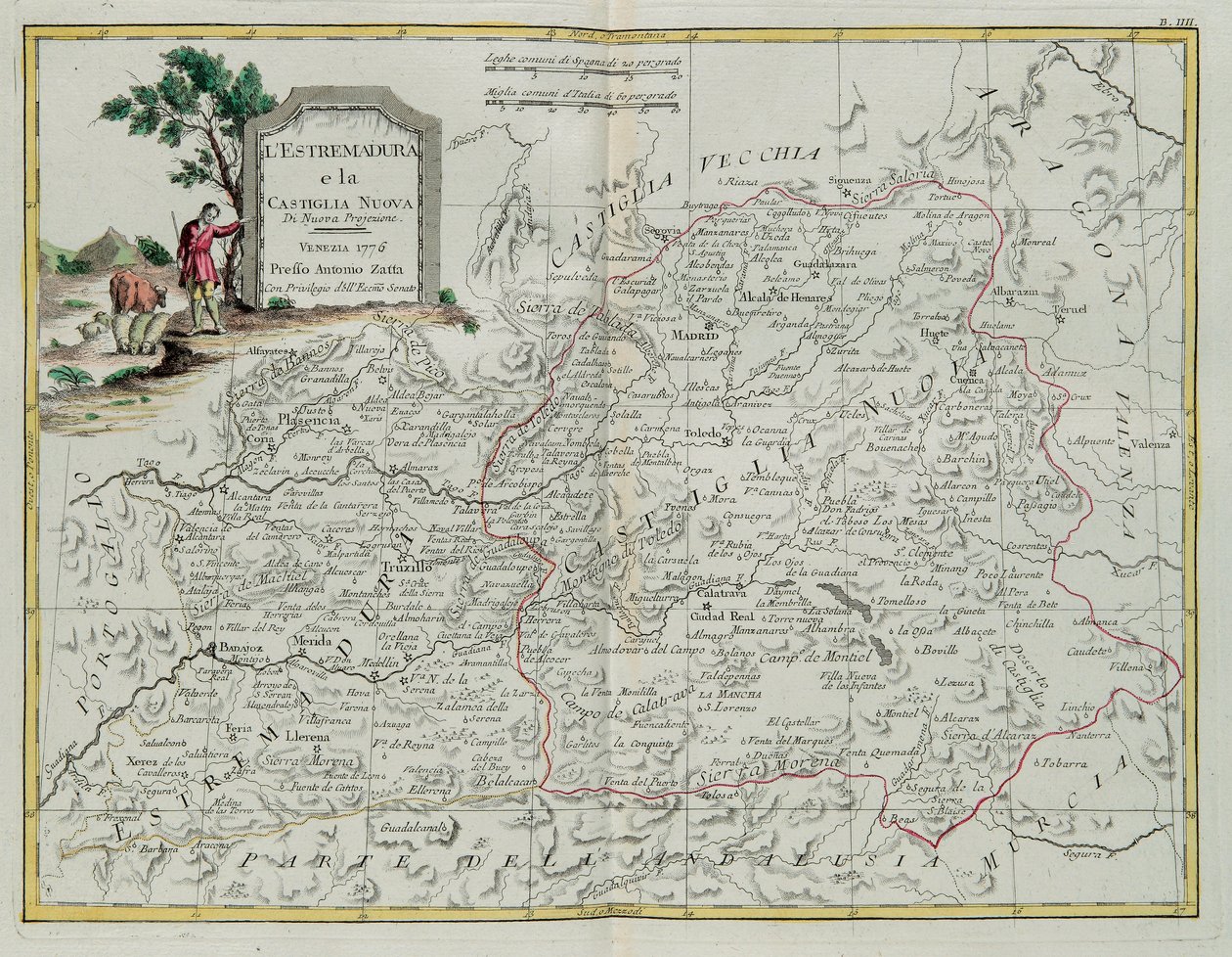 Extremadura i Castilla la Nueva, rycina G. Zulianiego zaczerpnięta z Tomu I najnowszego Atlasu wydanego w Wenecji w 1776 r. przez Antonio Zattę, kolekcja prywatna autorstwa G. Zuliani