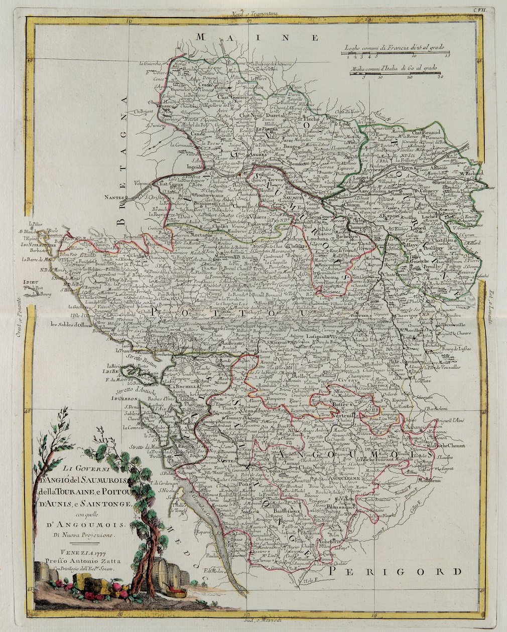 Rządy Anjou, Saumurois, Touraine i Poitou, Aunis i Saintonge z rządami Anjoumois, rycina G. Zulianiego zaczerpnięta z Tome I najnowszego Atlasu opublikowanego w Wenecji w 1777 przez Antonio Z. autorstwa G. Zuliani