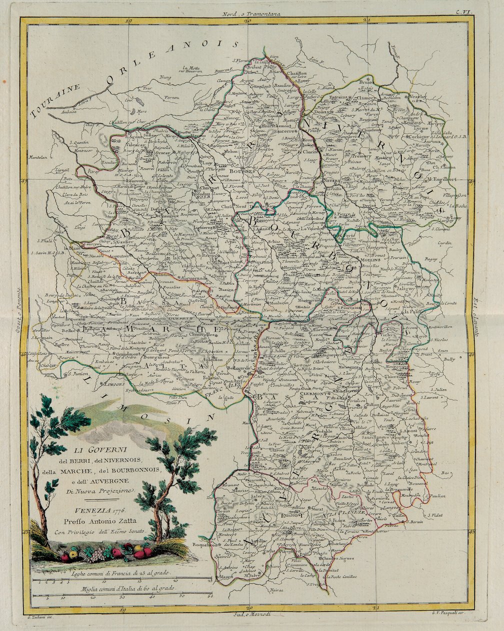 Governance of Berri, Nivernois, Marche, Bourbon and Auvergne, rycina G. Zulianiego zaczerpnięta z Tomu I najnowszego Atlasu wydanego w Wenecji w 1776 r. przez Antonio Zattę, zbiory prywatne autorstwa G. Zuliani