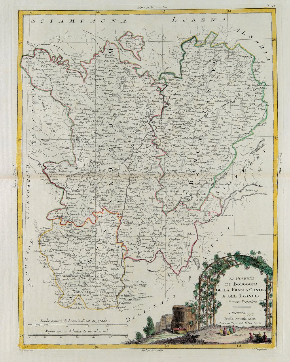 Governances of Bourgogne, Franca Contea and Lyons, rycina G. Zulianiego zaczerpnięta z Tomu I najnowszego Atlasu wydanego w Wenecji w 1777 r. przez Antonio Zattę, kolekcja prywatna autorstwa G. Zuliani