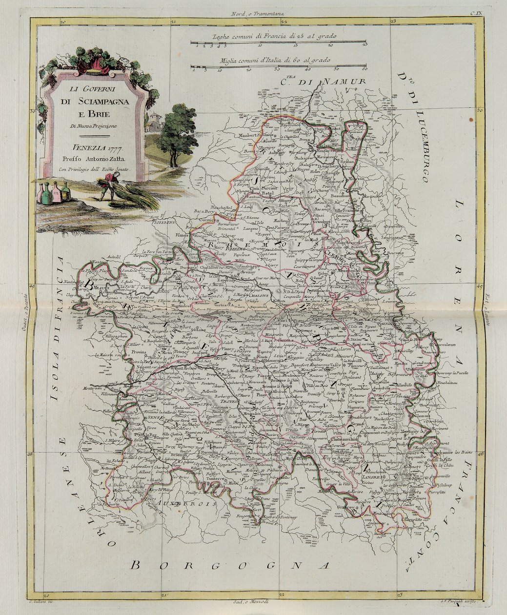 Governances of Champagne and Brie, rycina G. Zulianiego zaczerpnięta z Tome I najnowszego Atlasu wydanego w Wenecji w 1777 roku przez Antonio Zattę, kolekcja prywatna autorstwa G. Zuliani