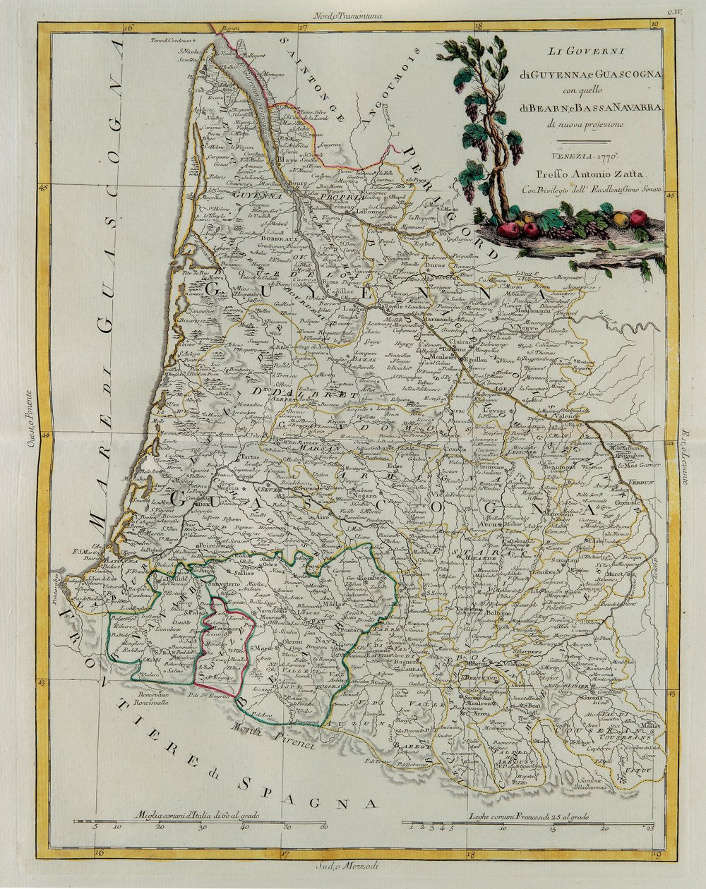 Governances of Guyenne and Gascogne z rządami Bearn i Dolnej Nawarry, rycina G. Zulianiego zaczerpnięta z Tome I najnowszego Atlasu opublikowanego w Wenecji w 1776 r. przez Antonio Zattę, kolekcja prywatna autorstwa G. Zuliani