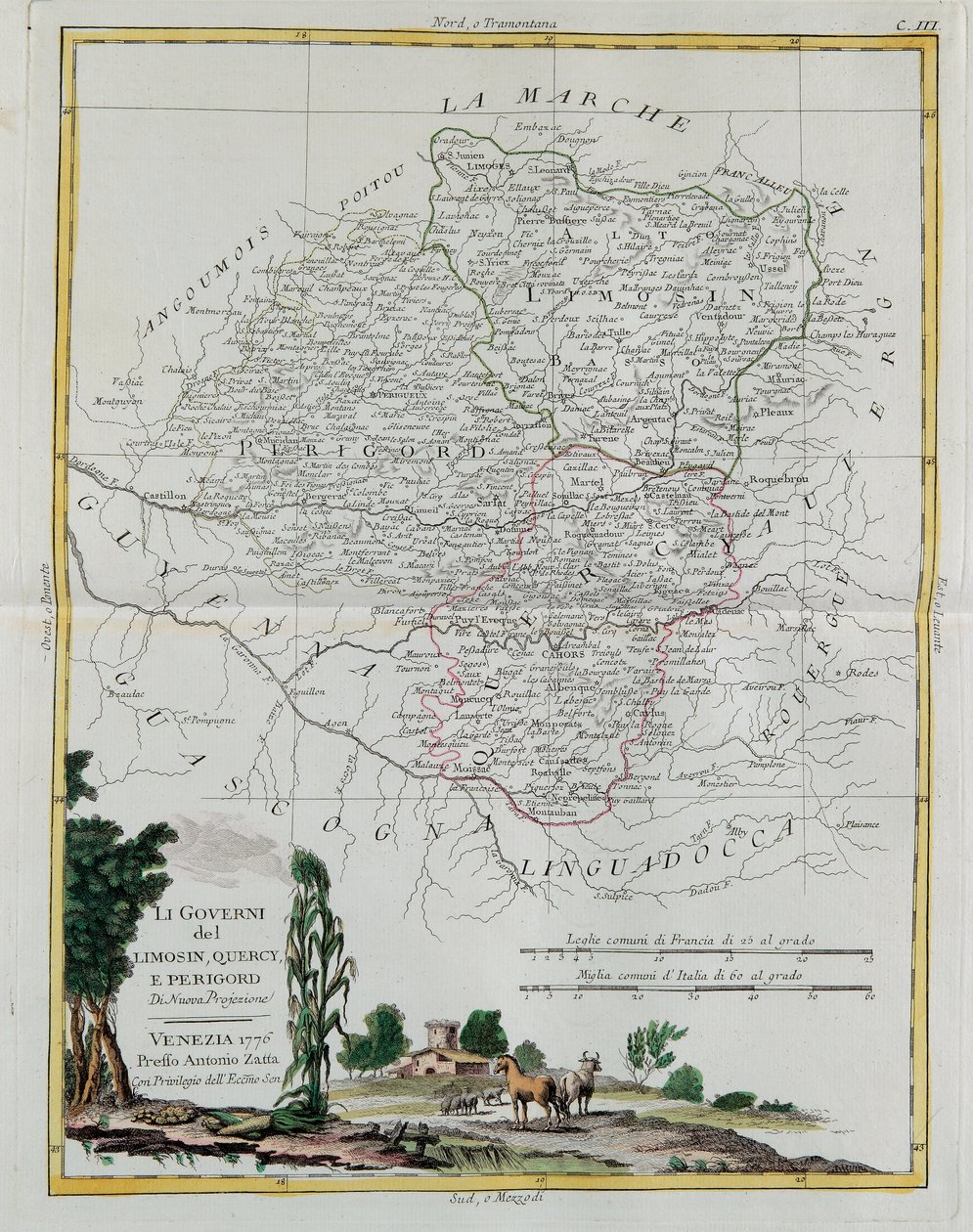 Governances of Limosin, Quercy and Perigord, rycina G. Zulianiego zaczerpnięta z Tomu I najnowszego Atlasu wydanego w Wenecji w 1776 r. przez Antonio Zattę, kolekcja prywatna autorstwa G. Zuliani