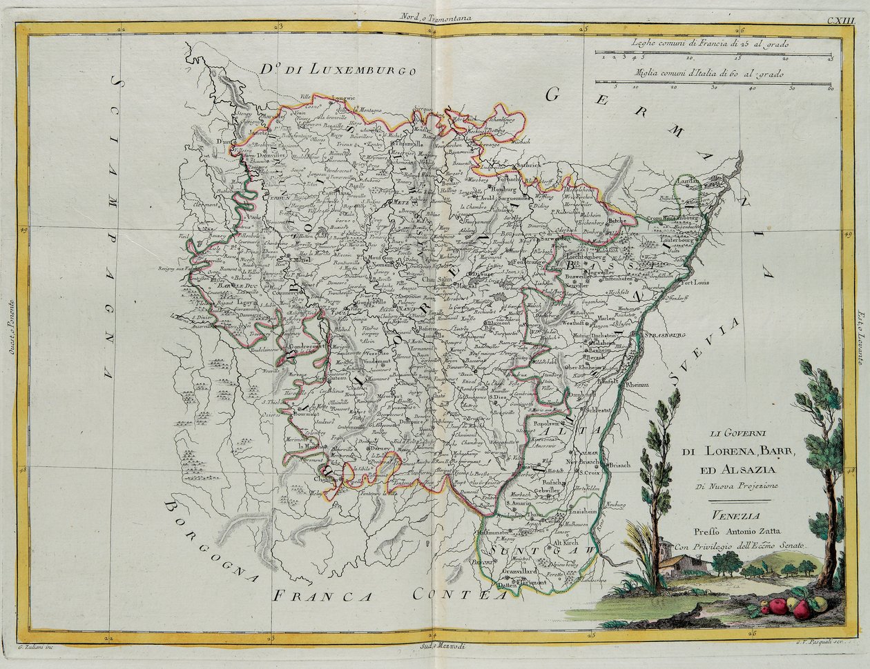 Governances of Lorraine, Barr and Alsace, rycina G. Zulianiego zaczerpnięta z tomu I „Najnowszego Atlasu” wydanego w Wenecji przez Antonio Zattę, kolekcja prywatna autorstwa G. Zuliani