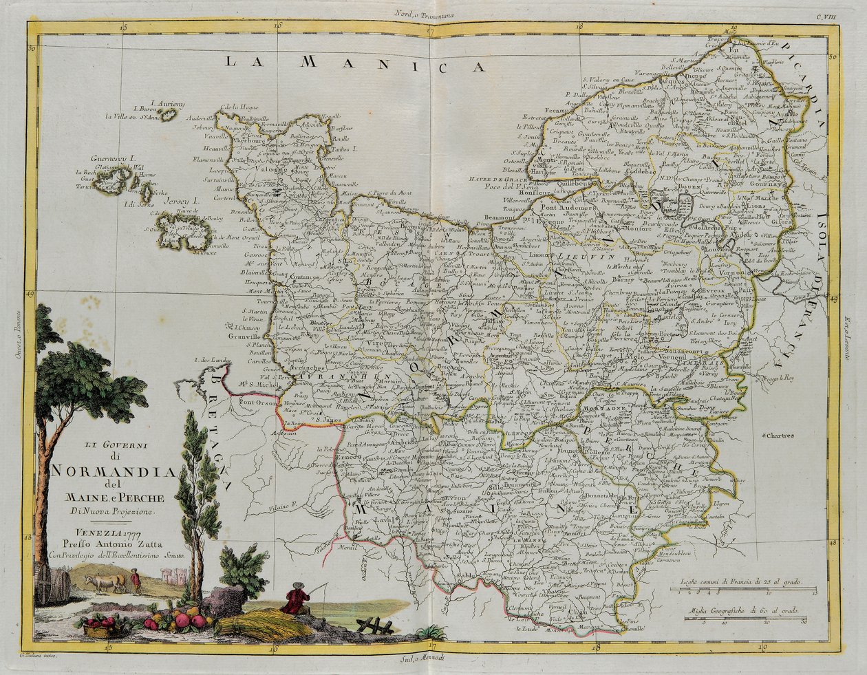 Governances of Normandie, Maine i Perche, rycina G. Zulianiego zaczerpnięta z Tomu I najnowszego Atlasu wydanego w Wenecji w 1777 r. przez Antonio Zattę, kolekcja prywatna autorstwa G. Zuliani