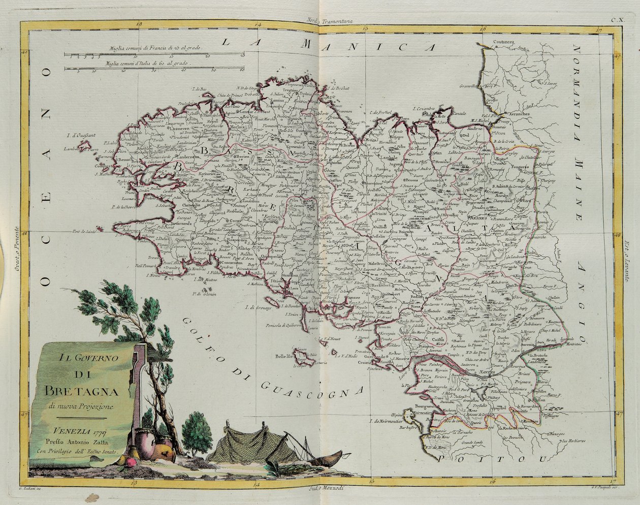 Zatoka Bretońska, rycina G. Zulianiego zaczerpnięta z Tomu I najnowszego Atlasu wydanego w Wenecji w 1777 r. przez Antonio Zattę, kolekcja prywatna autorstwa G. Zuliani