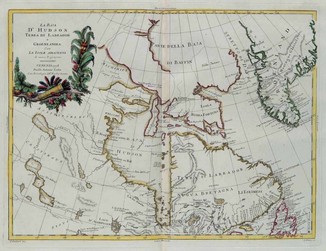 Zatoka Hudsona, Kraina Labradorów i Grenlandia wraz z przyległymi wyspami, rycina G. Zulianiego zaczerpnięta z Tomu I „Najnowszego Atlasu” wydanego w Wenecji w 1778 r. przez Antonio Zattę, zbiory prywatne autorstwa G. Zuliani