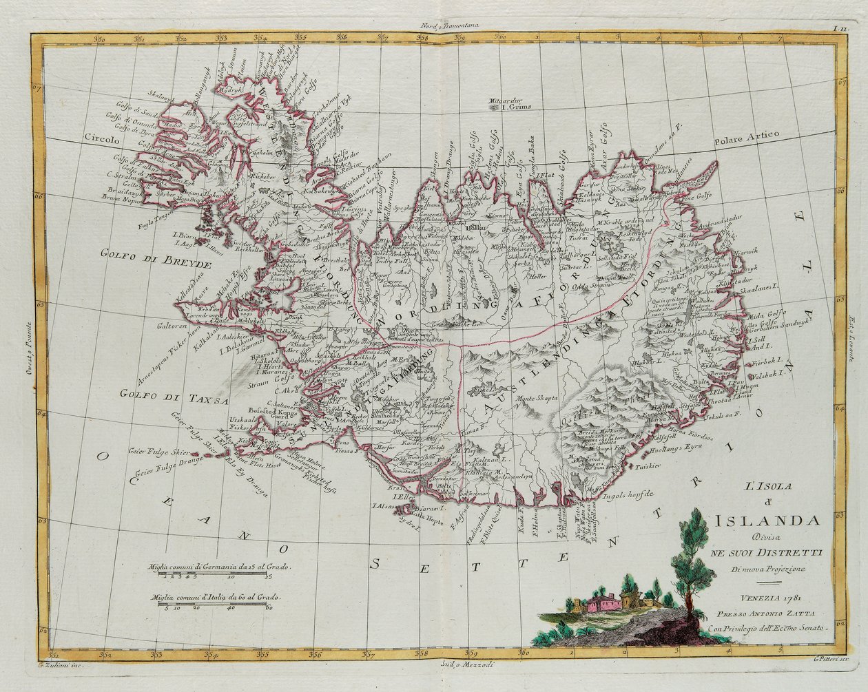Islandia podzielona na dzielnice, rycina G. Zulianiego zaczerpnięta z Księgi III „Najnowszego Atlasu” wydanego w Wenecji w 1781 r. przez Antonio Zattę, Kolekcja prywatna autorstwa G. Zuliani