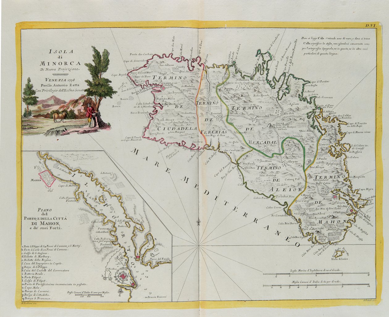 Wyspa Minorka i plan portu oraz miasta Mahon i jego fortów, rycina G. Zulianiego zaczerpnięta z Tomu I "Najnowszego Atlasu" opublikowanego w Wenecji w 1778 r. przez Antonio Zattę, zbiory prywatne autorstwa G. Zuliani