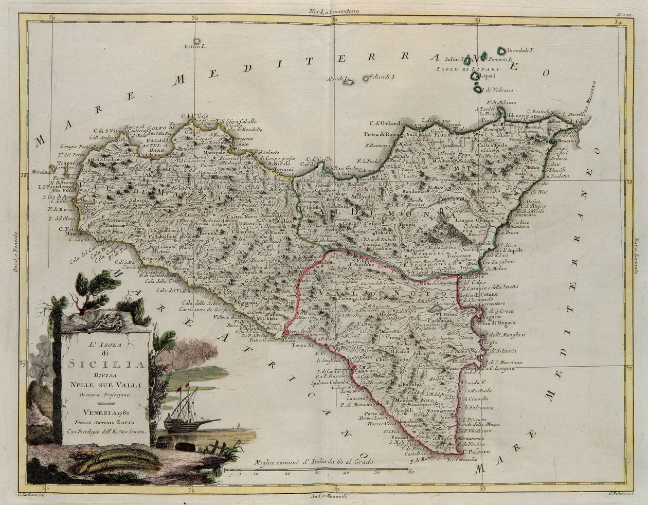 Wyspa Sycylia, podzielona na jej doliny, rycina G. Zulianiego zaczerpnięta z tomu II najnowszego Atlasu wydanego w Wenecji w 1782 r. przez Antonio Zattę, zbiory prywatne autorstwa G. Zuliani