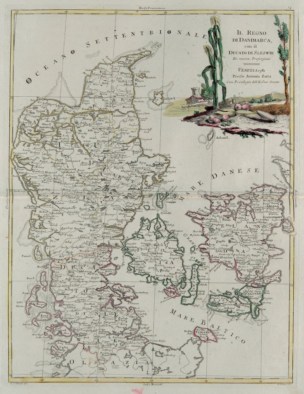 Królestwo Danii z księstwem śląskim, rycina G. Zulianiego zaczerpnięta z tomu III „Najnowszego Atlasu” wydanego w Wenecji w 1781 r. przez Antonio Zattę, zbiory prywatne autorstwa G. Zuliani