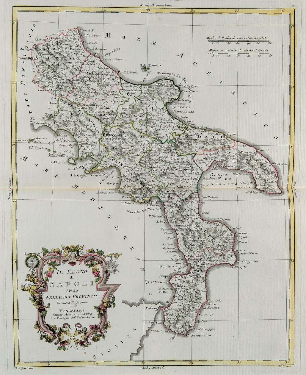 Królestwo Neapolu podzielone na prowincje, rycina G. Zulianiego zaczerpnięta z Tome II „Najnowszego Atlasu” wydanego w Wenecji w 1781 r. przez Antonio Zattę, zbiory prywatne autorstwa G. Zuliani