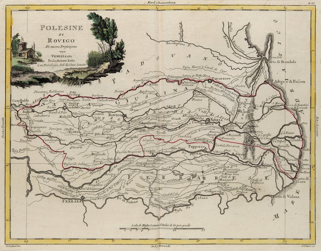 Obszar stanu Veneto: obszar Rovigo, rytowany przez G. Zulianiego, zaczerpnięty z tomu II „Najnowszego Atlasu” wydanego w Wenecji w 1782 r. przez Antonio Zattę, Kolekcja prywatna autorstwa G. Zuliani