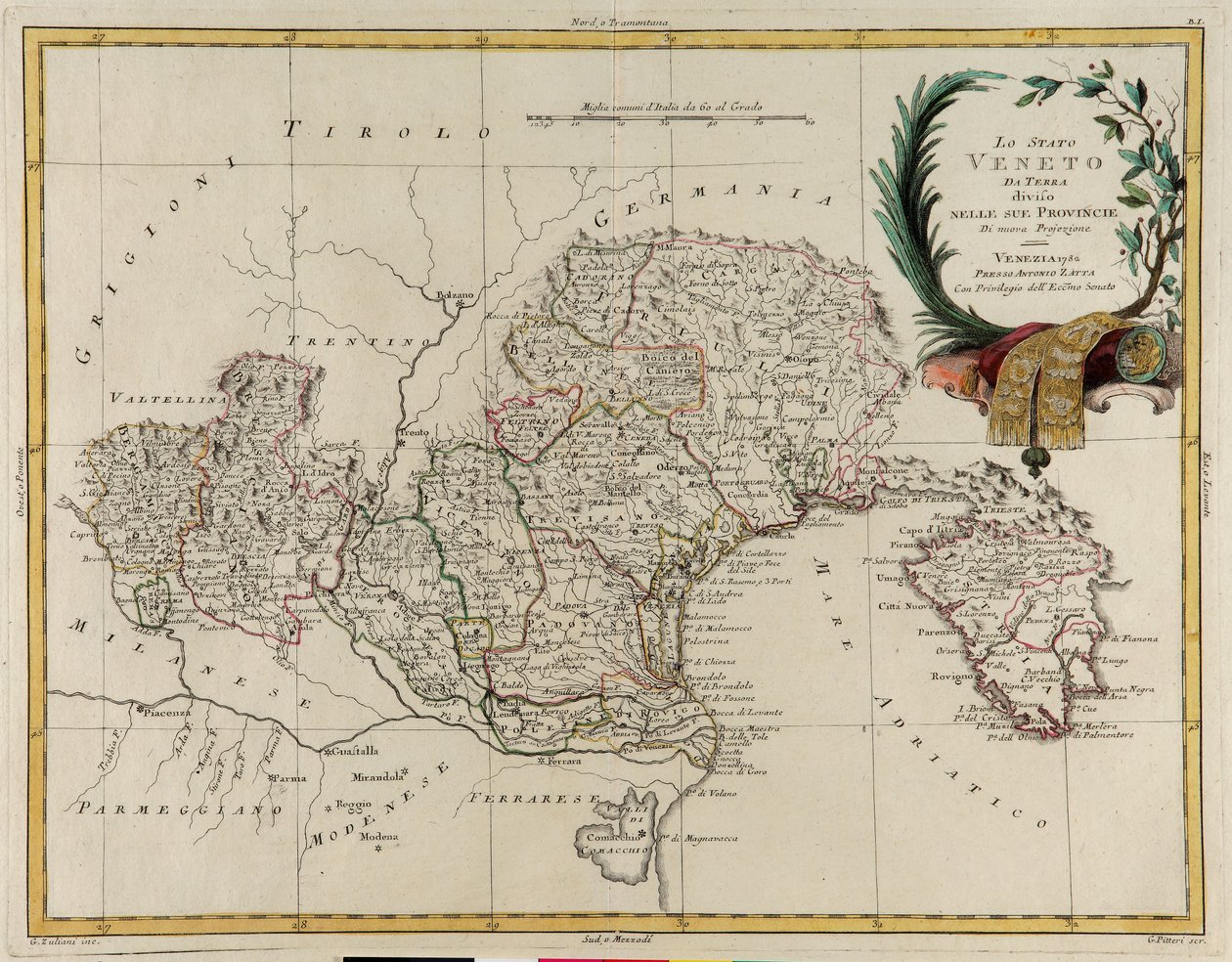 Obszar ziemski państwa Veneto, podzielony na jego prowincje, rycina G. Zulianiego zaczerpnięta z Tome II „Najnowszego Atlasu” wydanego w Wenecji w 1782 r. przez Antonio Zattę, kolekcja prywatna autorstwa G. Zuliani