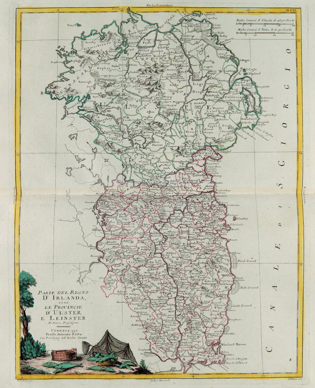 Część Królestwa Irlandii, czyli prowincje Ulster i Leinster, rycina G. Zulianiego zaczerpnięta z Tomu I „Najnowszego Atlasu” wydanego w Wenecji w 1778 r. przez Antonio Zattę, Kolekcja prywatna autorstwa G. Zuliani