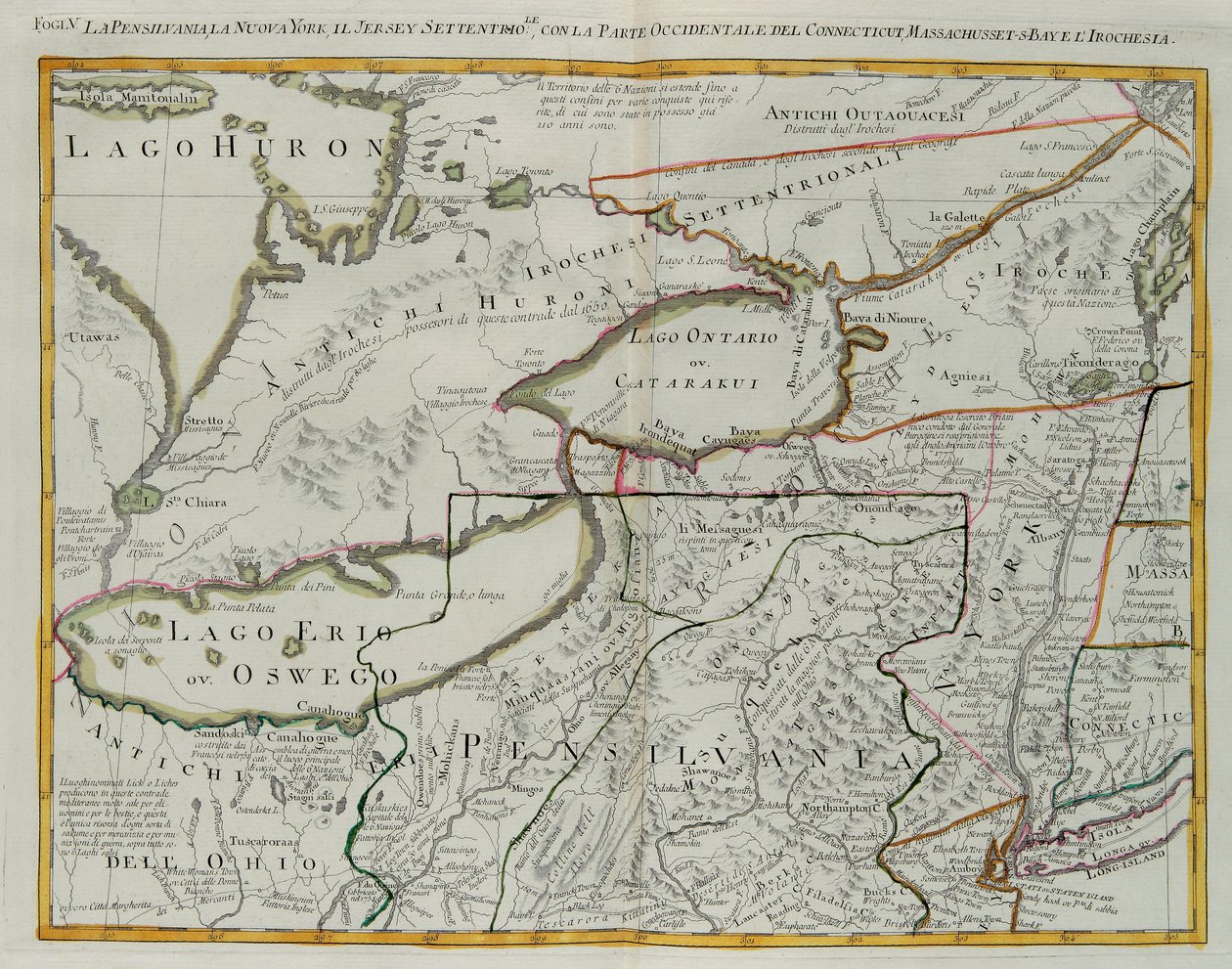 Pennsylwania, Nowy Jork, południowe New Jersey, z zachodnią częścią Connecticut, Massachusetts Bay i Krajem Irokezów, rycina G. Zulianiego zaczerpnięta z Tomu I „Najnowszego Atlasu” wydanego w Wenecji w 1778 r. przez Antonio Zattę, Kolekcja prywatna autorstwa G. Zuliani