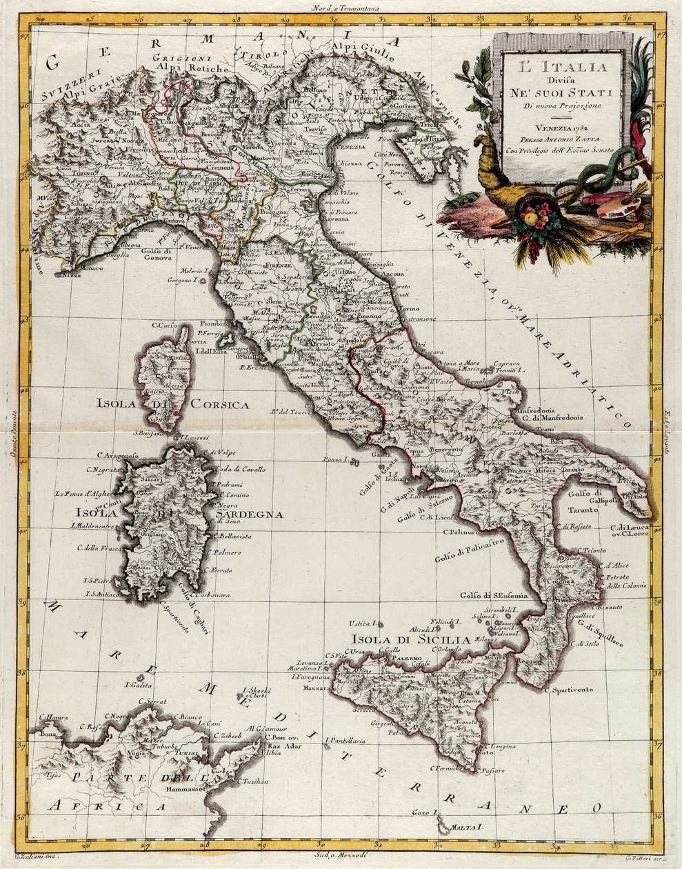 Mapa polityczna Włoch, rycina G. Zulianiego zaczerpnięta z tomu II „Najnowszego Atlasu” wydanego w Wenecji w 1782 r. przez Antonio Zattę, zbiory prywatne autorstwa G. Zuliani