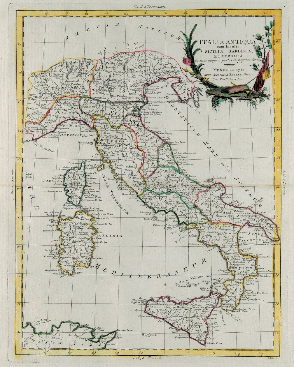 Mapa polityczna Włoch, sztychowana przez G. Zulianiego, zaczerpnięta z tomu IV „Novissimo Atlas” wydanego w Wenecji w 1785 r. przez Antonio Zattę, zbiory prywatne autorstwa G. Zuliani