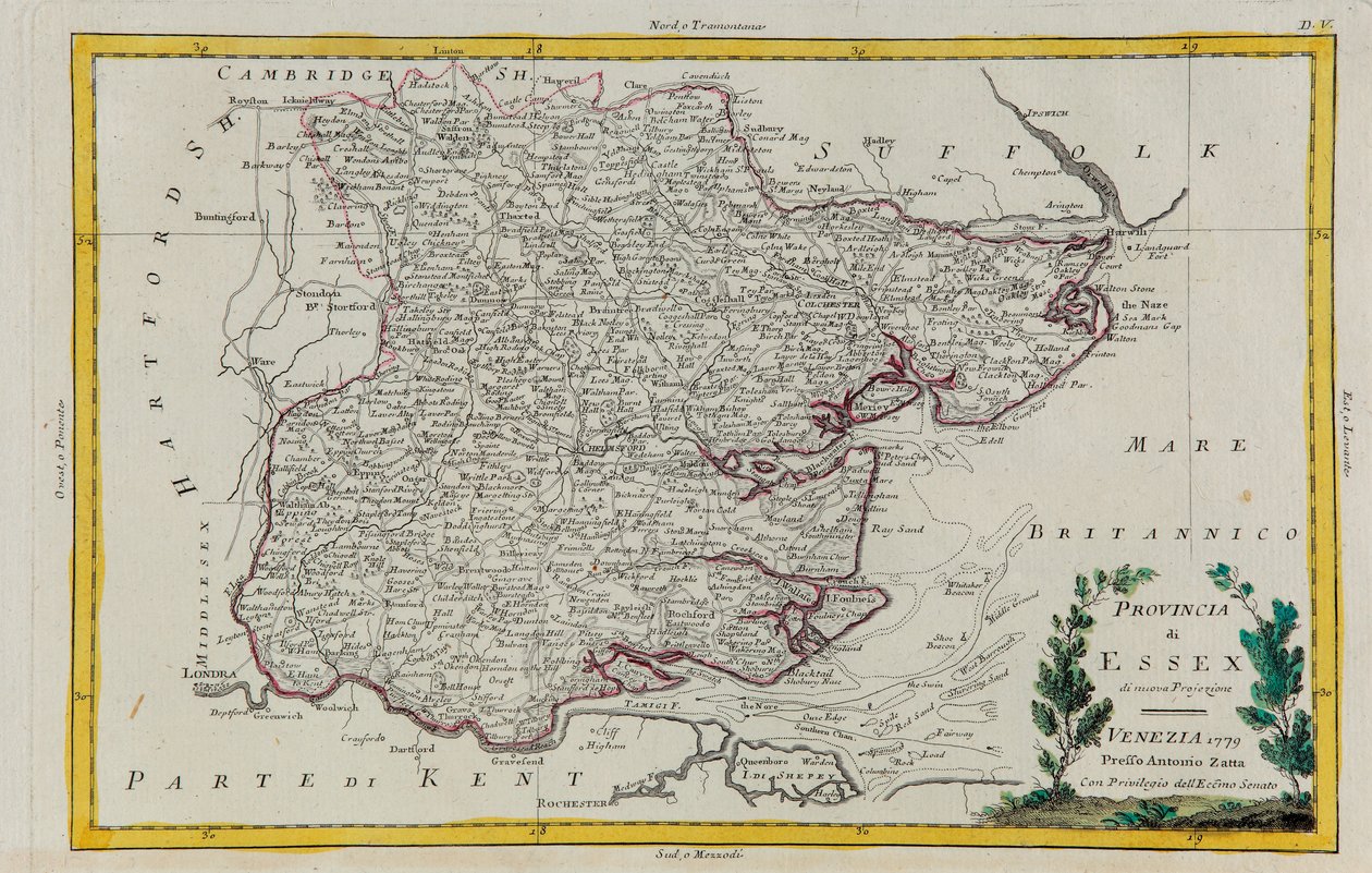 Prowincja Essex, rycina G. Zulianiego zaczerpnięta z tomu I „Najnowszego Atlasu” wydanego w Wenecji w 1779 r. przez Antonio Zattę, kolekcja prywatna autorstwa G. Zuliani