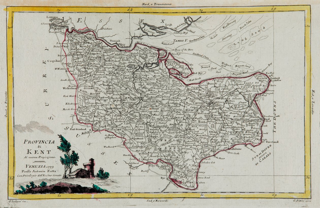 Prowincja Kent, rycina G. Zulianiego zaczerpnięta z Tomu I „Najnowszego Atlasu” wydanego w Wenecji w 1779 r. przez Antonio Zattę, kolekcja prywatna autorstwa G. Zuliani