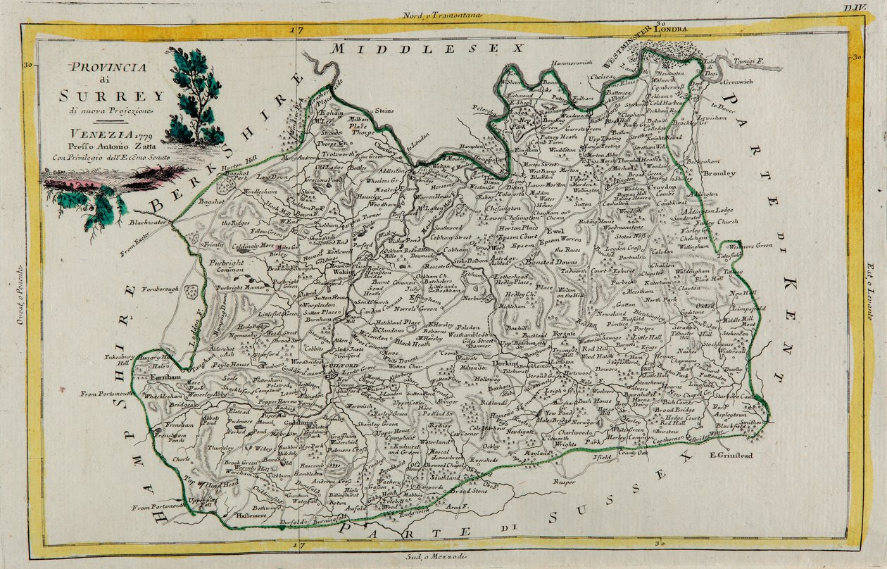 Prowincja Surrey, rycina G. Zulianiego zaczerpnięta z tomu I „Najnowszego Atlasu” wydanego w Wenecji w 1779 r. przez Antonio Zattę, kolekcja prywatna autorstwa G. Zuliani