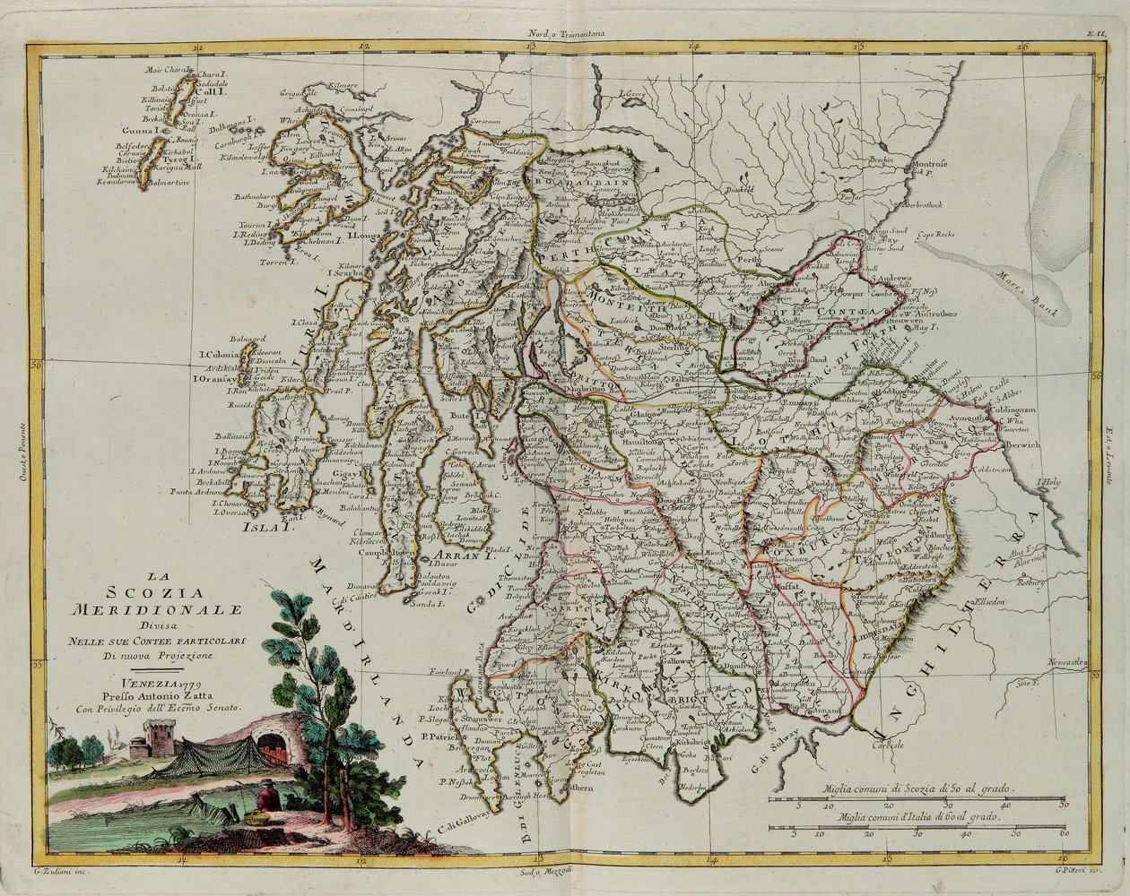 Południowa Szkocja podzielona na hrabstwa, rycina G. Zulianiego zaczerpnięta z tomu I „Najnowszego Atlasu” wydanego w Wenecji w 1779 r. przez Antonio Zattę, kolekcja prywatna autorstwa G. Zuliani